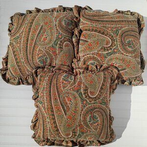 Vintage Waverly Corduroy Floral Paisley Throw Pillows SET OF 3 Ruffled Accent